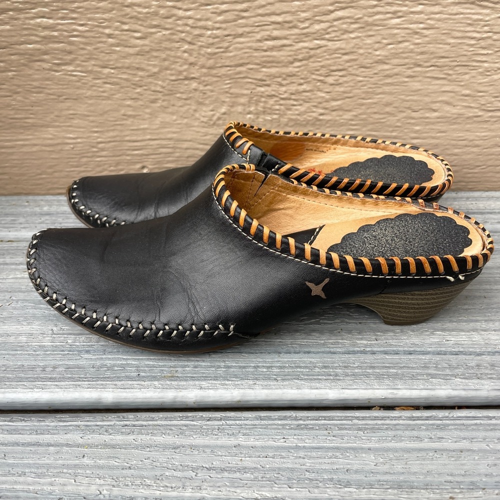 PIKOLINOS Tabaraca Leather Slides Mules Clogs Stitching US 7.5- 8 EU 38 Black